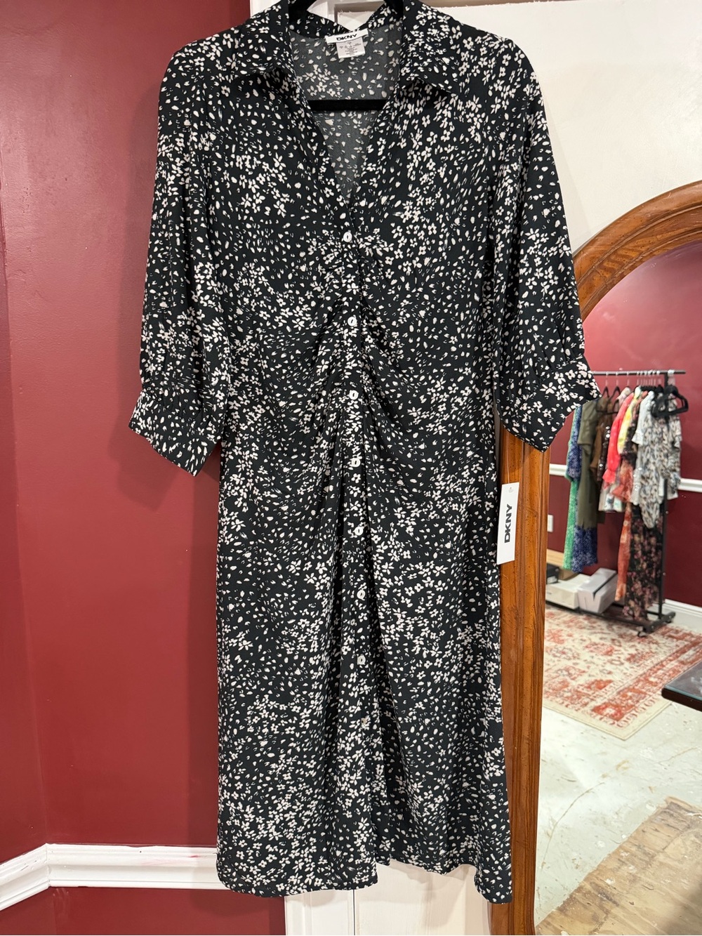 DKNY White Floral Midi Dress Silky with Mother of Pearl Frontal Buttons | Black
